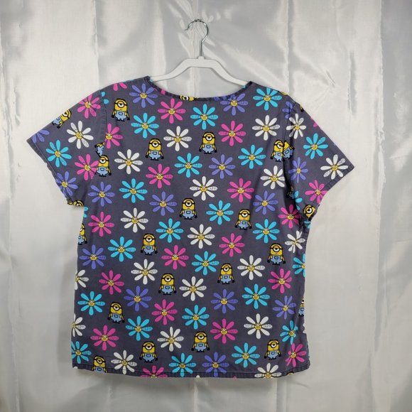 Minions V-Neck Scrub Top "Have A Nice Day" Flower Theme on Gray 3 Pockets Sz L - Picture 2 of 7